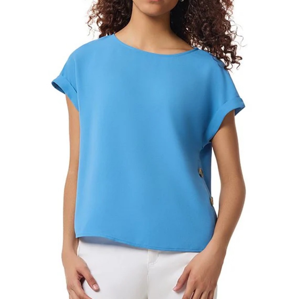 NWT Solid Jasper Crepe Boat Neck Short Roll-Tab Sleeves